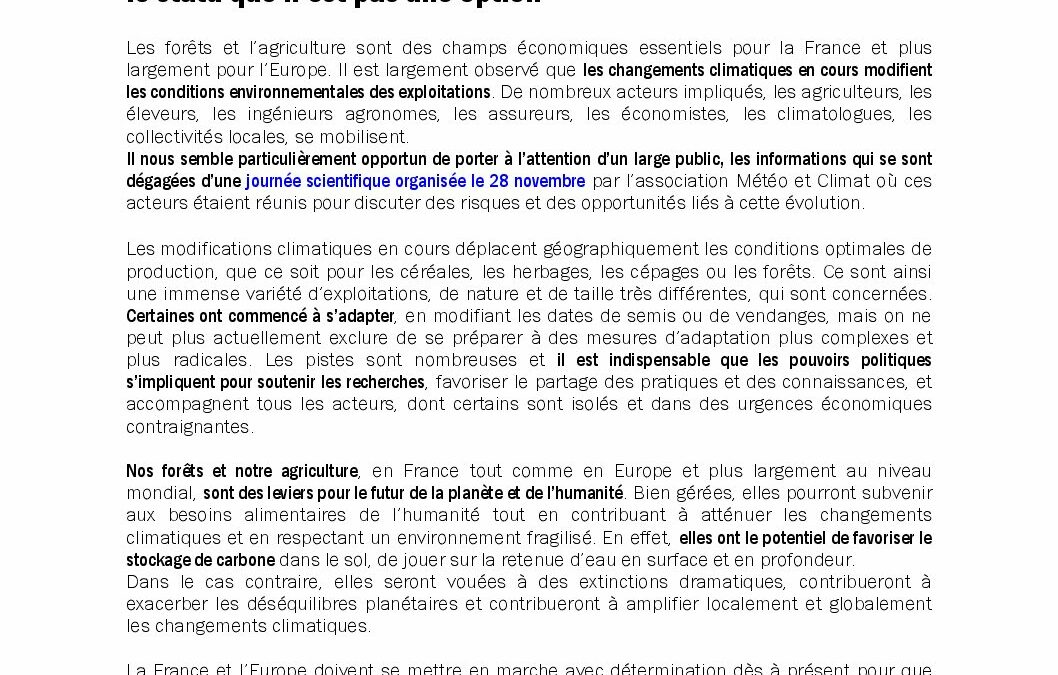 CP Changements climatiques – pour nos forets et notre agriculture le statu quo n’est pas une option